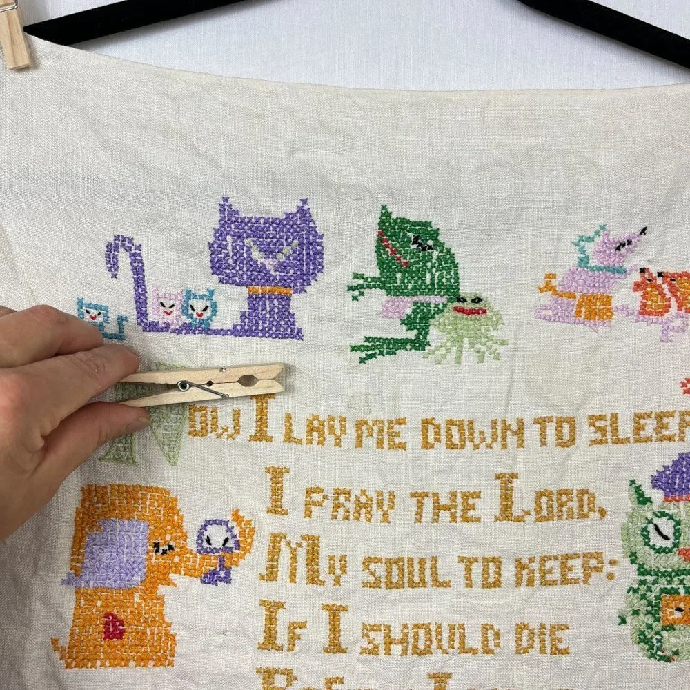 Vintage Needlepoint Now I Lay Me Down To Sleep Prayer Handmade Nursery Cottage‎